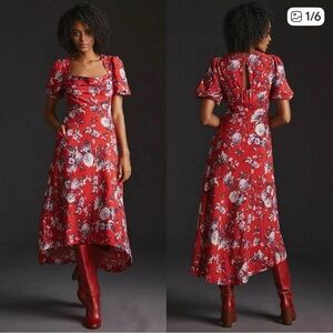 Anthropologie Red Floral High Low Dress